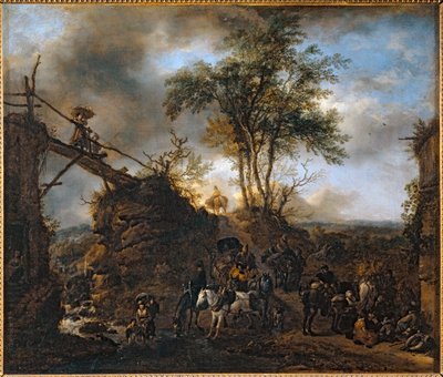Ponte de madeira sobre a torrente ... de Philips Wouwermans or Wouwerman