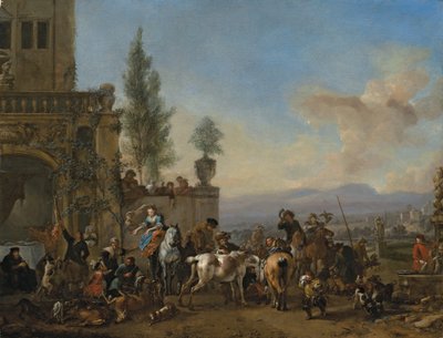 O retorno da caça (óleo no painel) de Philips Wouwermans or Wouwerman