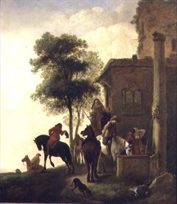 Viajantes regando seus cavalos fora de uma pousada (óleo sobre painel) de Philips Wouwermans or Wouwerman