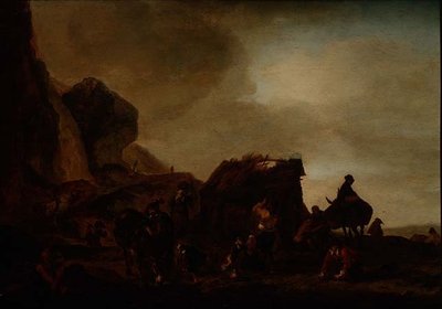 Viajantes e mendigos junto a uma cabana em ruínas de Philips Wouwermans or Wouwerman
