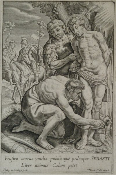 São Sebastião é amarrado a uma árvore por dois soldados de Philips van Mallery