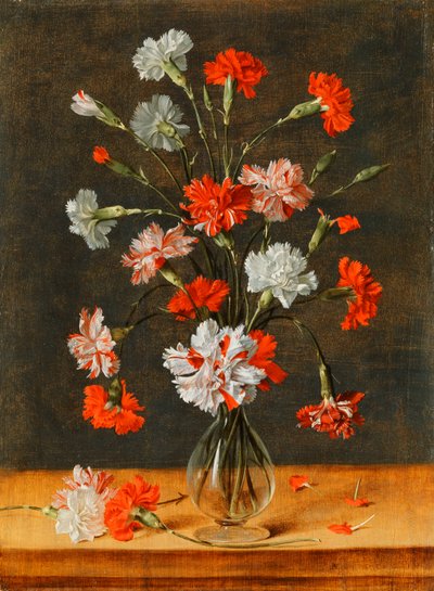 Cravos em um vaso de vidro em uma mesa de pedra, 1639 de Phillipe de Marlier