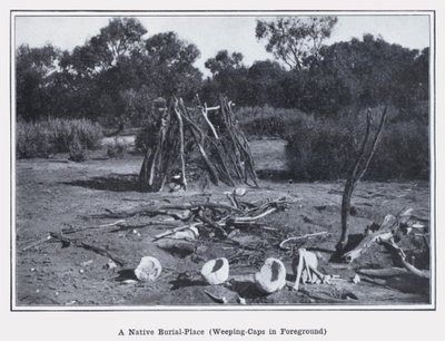 Um lugar de enterramento nativo, com tampas de choro em primeiro plano (foto a p/b) de Photographer Australian