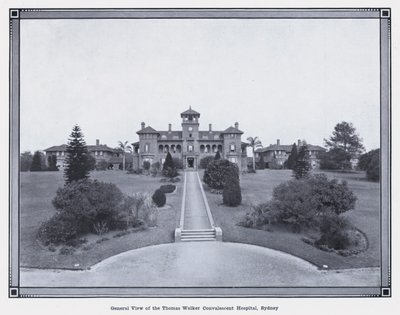 Vista geral do Thomas Walker Convalescent Hospital, Sydney (foto a p/b) de Photographer Australian