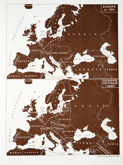 Mapa da Europa em 1914, e da Europa em 1932, do Histoire de la Troisieme Republique, Vol. I, História Política, pub.1933 (cor litho) de Photographer French