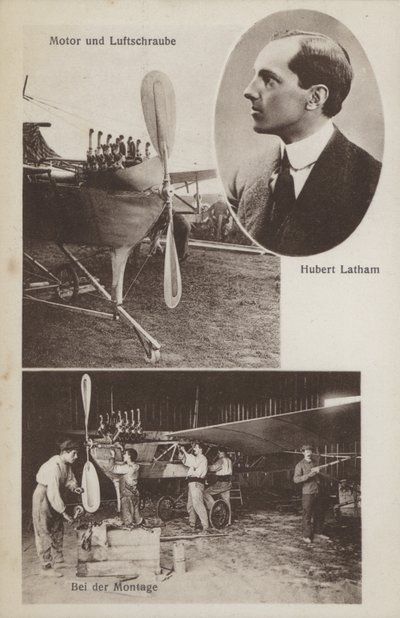 O aviador francês Hubert Latham e seu avião (foto a p/b) de Photographer German
