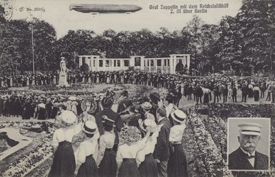 Graf Ferdinand von Zeppelin, e seu dirigível LZ III sobre Berlim (foto a p-b) de Photographer German