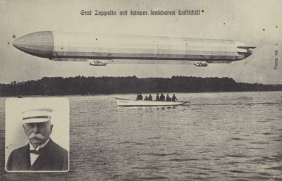 Graf Ferdinand von Zeppelin e um de seus dirigíveis (foto a p/b) de Photographer German