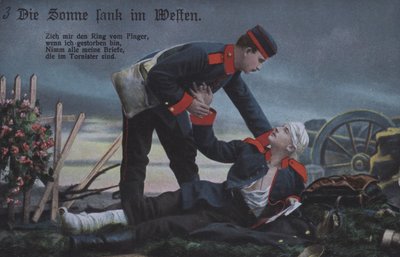 O Sol põe-se no Oeste: um soldado alemão a consolar o seu camarada moribundo no campo de batalha (foto a cores) de Photographer German