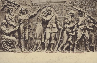 O adeus, relevo sobre o Nationaldenkmal, monumento comemorativo da unificação da Alemanha, Rudesheim am Rhein, Hesse (foto a p/b) de Photographer German