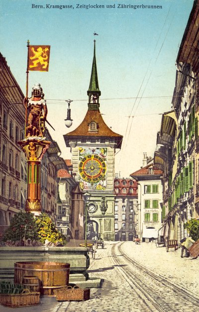 A torre do relógio Zytglogge e a fonte Zahringerbrunnen, Kramgasse, Berna Suíça (fotografia a cores) de Photographer Swiss