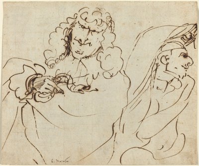 Caricatura com Mola se protegendo de um homem segurando uma víbora de Pier Francesco Mola