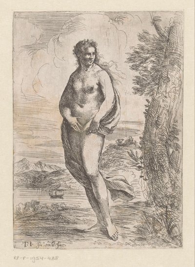 Mulher nua em pé na paisagem de Pier Francesco Mola