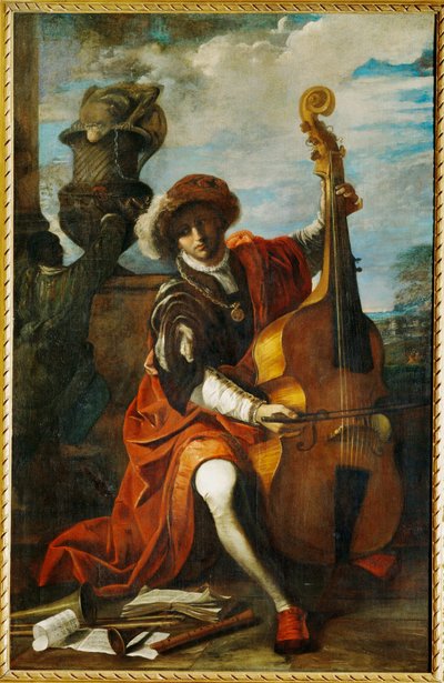 Jovem músico com uma viola da gamba, possivelmente o famoso músico da Cappella Pontifica Bonaventura Argenti (pintura sobre tela) de Pier Francesco Mola