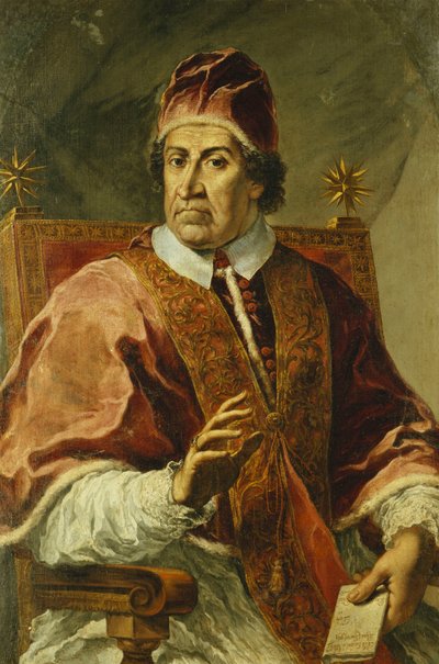 Retrato do Papa Clemente XI, sentado meio comprimento, vestindo mantos papais, segurando uma carta, de Pier Leone Ghezzi