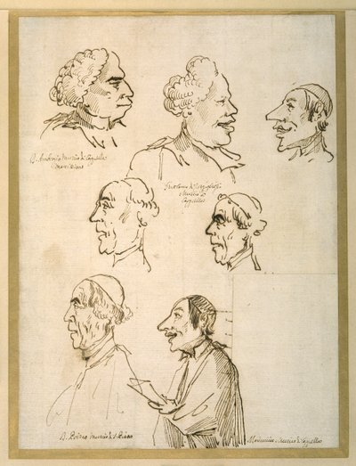 Sete perfis caricaturados de quatro cantores das capelas papais (caneta e tinta sobre papel) de Pier Leone Ghezzi