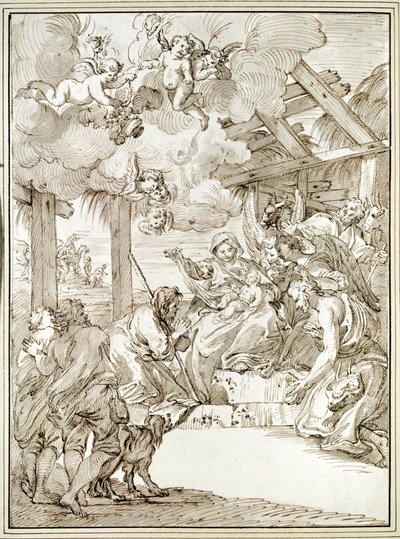 A Adoração dos Pastores (caneta e tinta) de Pier Leone Ghezzi