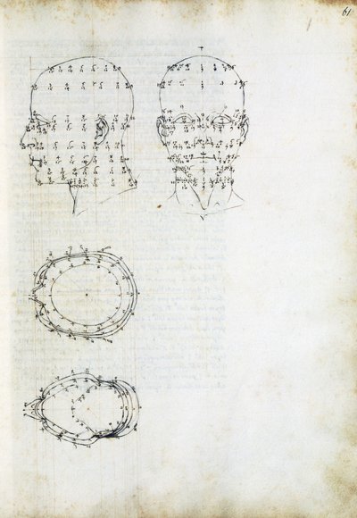 Construção e projecção geométrica da cabeça, página de De Prospectiva pingendi (On Perspective of painting), de Piero della Francesca (ca. 1415-1492), Itália de Piero della Francesca