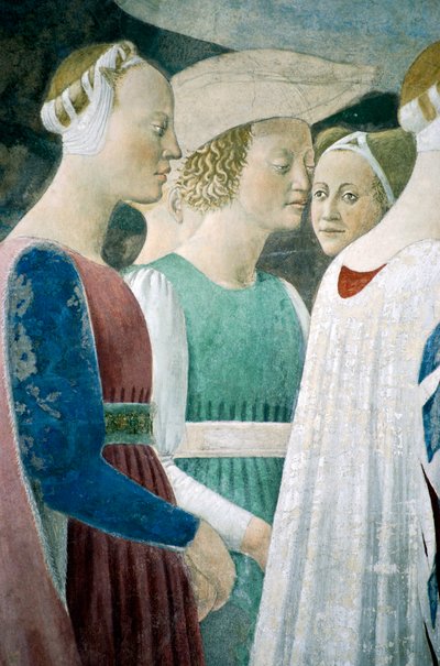 Detalhe de A Lenda da Verdadeira Cruz mostrando adoração à madeira e encontro da Rainha de Sabá e do Rei Salomão, de Piero della Francesca de Piero della Francesca
