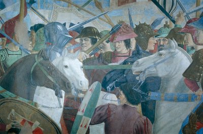 Detalhe de A Lenda da Verdadeira Cruz mostrando a batalha de Heraclius I de Bizâncio contra o Chosroes II, de Piero della Francesca de Piero della Francesca