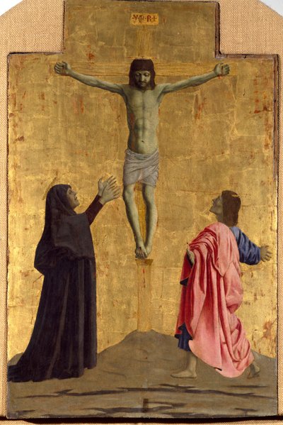 Políptica de Misericórdia: a Virgem de Misericórdia, rodeada de santos. Detalhe da crucificação com a inscrição "INRI" na cruz Pintura de madeira de Piero della Francesca (1415/20-1492) 1445-1460 Dim. 81x52,5 cm Sansepolcro, Pinacoteca C de Piero della Francesca