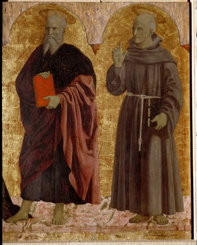 Políptica de Misericórdia: a Virgem de Misericórdia, rodeada de santos. Detalhe de Santo André e São Bernardino de Siena (Bernardino da Siena ou Bernardino degli Albizzeschi). de Piero della Francesca