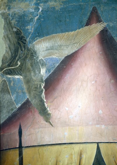 O Sonho de Constantino, detalhe do anjo, do Ciclo da Verdadeira Cruz, completou 1464 afrescos de Piero della Francesca
