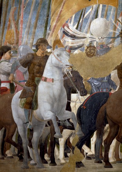 A lenda da cruz verdadeira, detalhe da vitória de Constantino na batalha da ponte de Mílvia, 312 dC, completou 1464 afrescos de Piero della Francesca