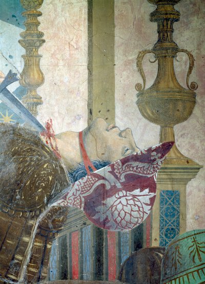 A lenda da verdadeira cruz, a batalha de Heraclius e Chosroes, detalhe de um homem tendo sua garganta cortada, completou 1464 afrescos de Piero della Francesca