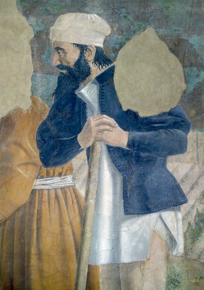A Lenda da Verdadeira Cruz, a Descoberta da Cruz, detalhe de um espectador, completou 1464 afrescos de Piero della Francesca