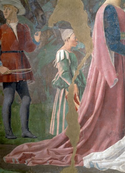 A Lenda da Verdadeira Cruz, a Rainha de Sabá Adorando o Bosque da Cruz, detalhe de um atendente, 1464 afresco concluído de Piero della Francesca