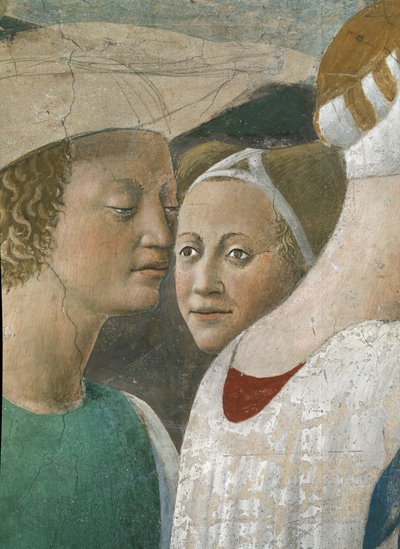 A Lenda da Verdadeira Cruz, a Rainha de Sabá Adorando o Bosque da Cruz, detalhe de dois atendentes, concluída 1464 afrescos de Piero della Francesca