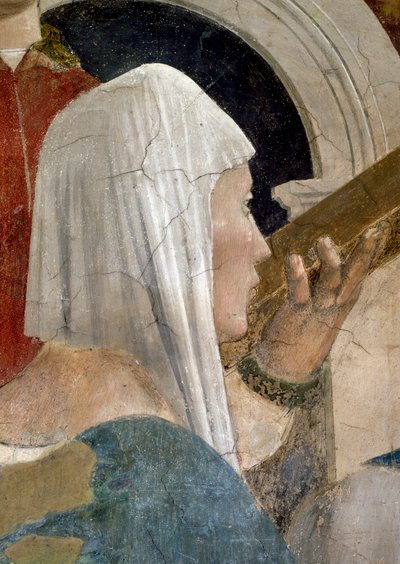 A Lenda da Verdadeira Cruz, a Verificação da Cruz, detalhe da Rainha de Sabá Beijando a Cruz, concluída em 1464 afrescos de Piero della Francesca