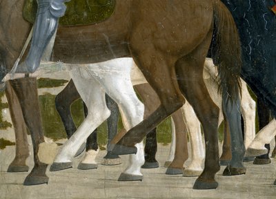 A lenda da verdadeira cruz, a vitória de Constantino na batalha da ponte de Milvian, detalhe dos pés de cavalos, completou 1464 afresco de Piero della Francesca