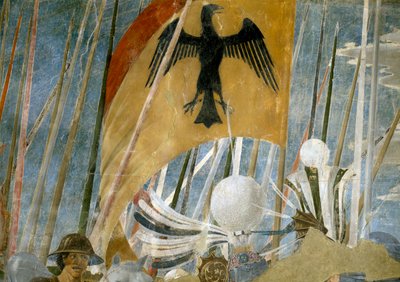 A lenda da verdadeira cruz, a vitória de Constantino na batalha da ponte de Milvian, detalhe da bandeira, concluída 1464 afresco de Piero della Francesca