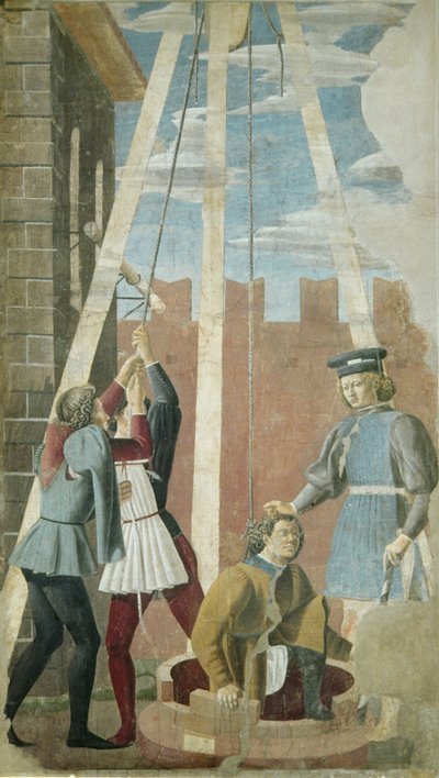 Tortura do judeu: Judas sendo tirado do Poço, do Verdadeiro Ciclo da Cruz, completado 1464 (fresco) de Piero della Francesca