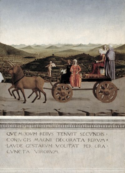 Triunfo de Battista Sforza, duquesa de Urbino. Battista e sua criada, duas virtudes teologais e uma freira são desenhadas em um carro triunfal por dois unicórnios marrons, depois de 1472 (têmpera no painel) (detalhe de Piero della Francesca