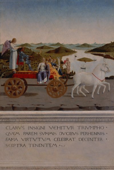 Triunfo de Federigo da Montefeltro, Duque de Urbino; Federigo e as quatro Virtudes Cardeais em um carro triunfal desenhado por unicórnios brancos, alados com a vitória segurando a coroa ducal, pintados depois de 1474 (pan de Piero della Francesca