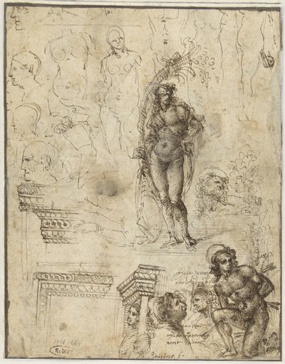 Folha de Estudo com Cabeças, Figuras e Fragmentos Arquitetônicos Folha de estudo com cabeças, figuras e fragmentos arquitetônicos de Piero di Cosimo (attributed to)