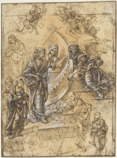 Ficha de Estudo com a Virgem Maria, Santos, Anjos e Figuras da Adoração dos Magos de Piero di Cosimo (attributed to)
