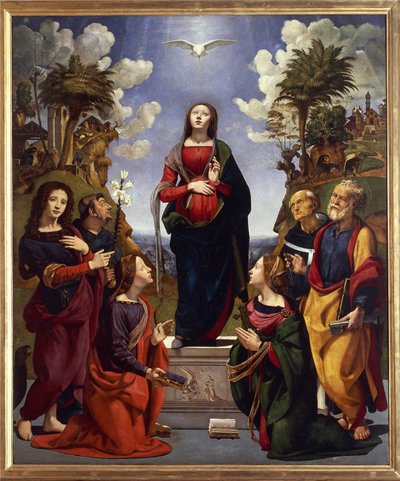 Imaculada concepção rodeada de santos, c.1500-05 (tempera grassa sobre madeira) de Piero di Cosimo