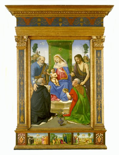 Madona e Menino Entronizado com os Santos Pedro, João Batista, Domingos e Nicolau de Bari, c.1481-85 (têmpera e óleo sobre painel) de Piero di Cosimo