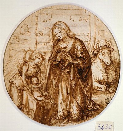A Adoração da Criança (caneta e tinta sobre papel) de Piero di Cosimo
