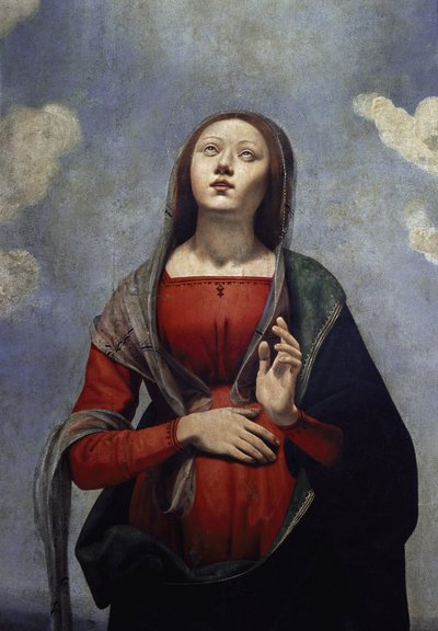 A Virgem Maria com a pomba do Espírito Santo acima dela, rodeada por seis Santos. detalhe (óleo sobre tela, c. 1505) de Piero di Cosimo