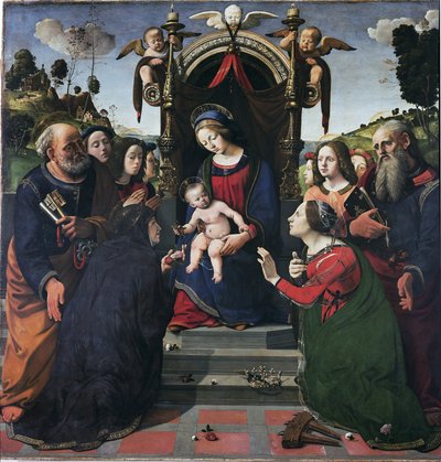 Virgem e Criança no trono rodeadas de santos (óleo e tempera no painel, cerca de 1493) de Piero di Cosimo