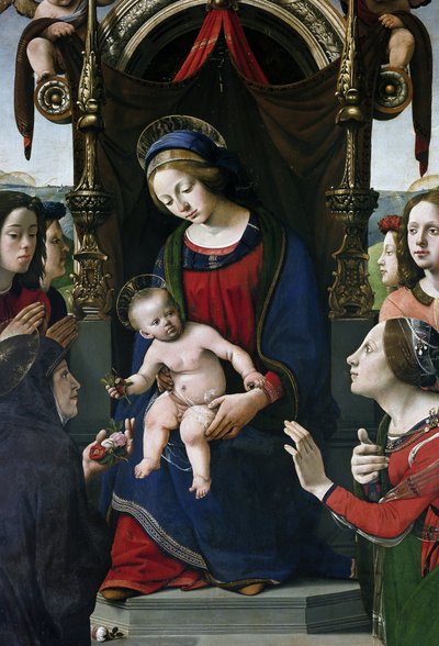 Virgem e Criança no trono rodeadas de santos, detalhe (óleo e tempera no painel, cerca de 1493) de Piero di Cosimo