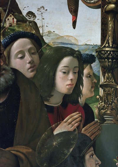 Virgem e Criança no trono rodeadas de santos, detalhe (óleo e tempera no painel, cerca de 1493) de Piero di Cosimo