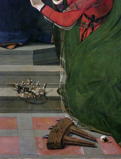 Virgem e Criança no trono rodeadas de santos, detalhe (óleo e tempera no painel, cerca de 1493) de Piero di Cosimo