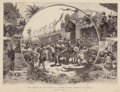O carnaval de Nice, batalha das flores na Promenade des Anglais (gravura) de Pierra Comba