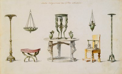 Vasos, móveis, altares e tripés diferentes descobertos em Herculano (caneta e tinta e w - c no papel) de Pierre Adrien Paris